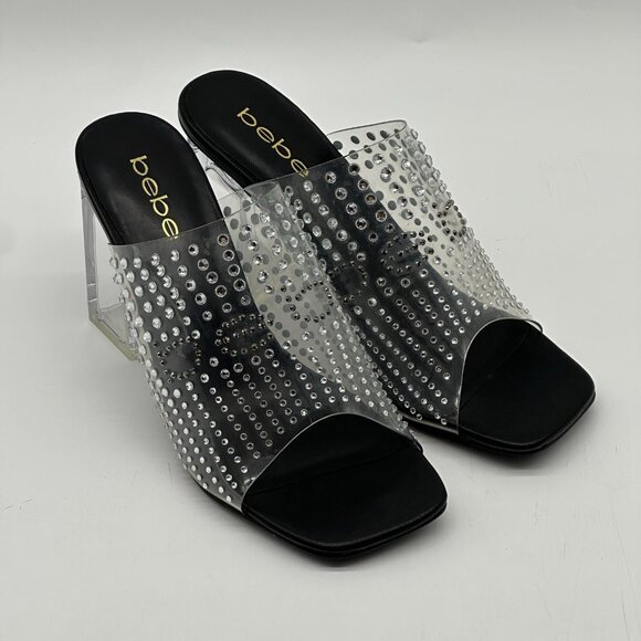 Bebe Alejandra Black Clear Rhinestone Dress Sandals Mules Women's Size 8 NWOB - Picture 1 of 9